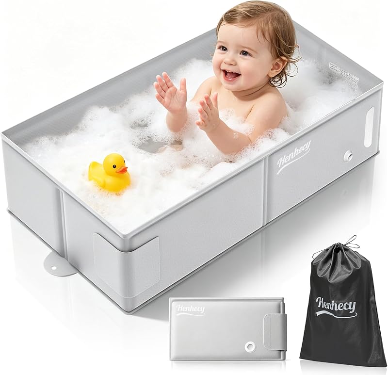 Collapsible Baby Bathtub, Travel Bathtub for Toddler, Portable Foldable Tub for Kids, with Drain Plug, Non-Slip Base, No Assembly Required, Fits Ages 6M+(Waterproof Storage Bag Included)