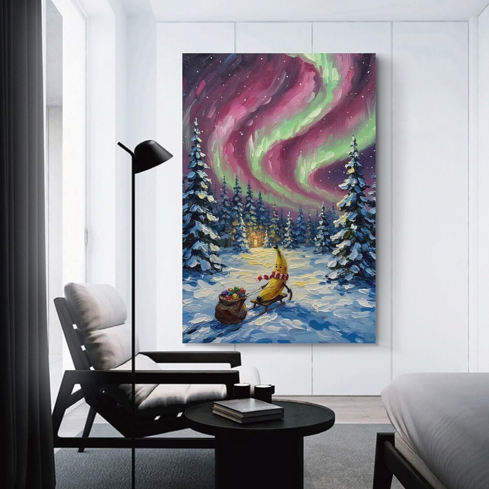 Junmoney Unframe-Style-17 Wall Picture Print Banana Sleigh Ride Under Aurora Borealis, 12X18inch(30X45cm), For Contemporary Homes, Apartments Or Offices, Decorative Canvas Decor For Home Updates