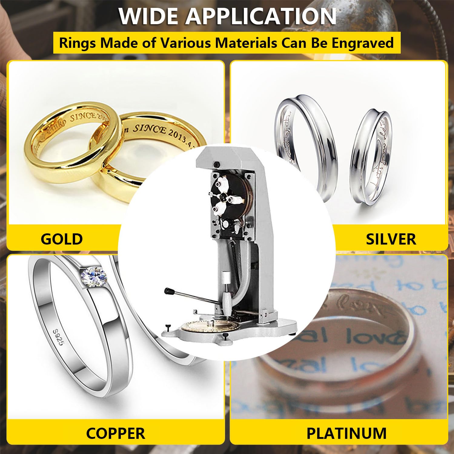 Máquina de grabado interior de anillos, grabador para anillos, con cabezal de grabado de acero y bloque de letras estándar de 1,5 a 2,0 mm, profundidad uniforme, para grabar oro, plata, cobre y otros