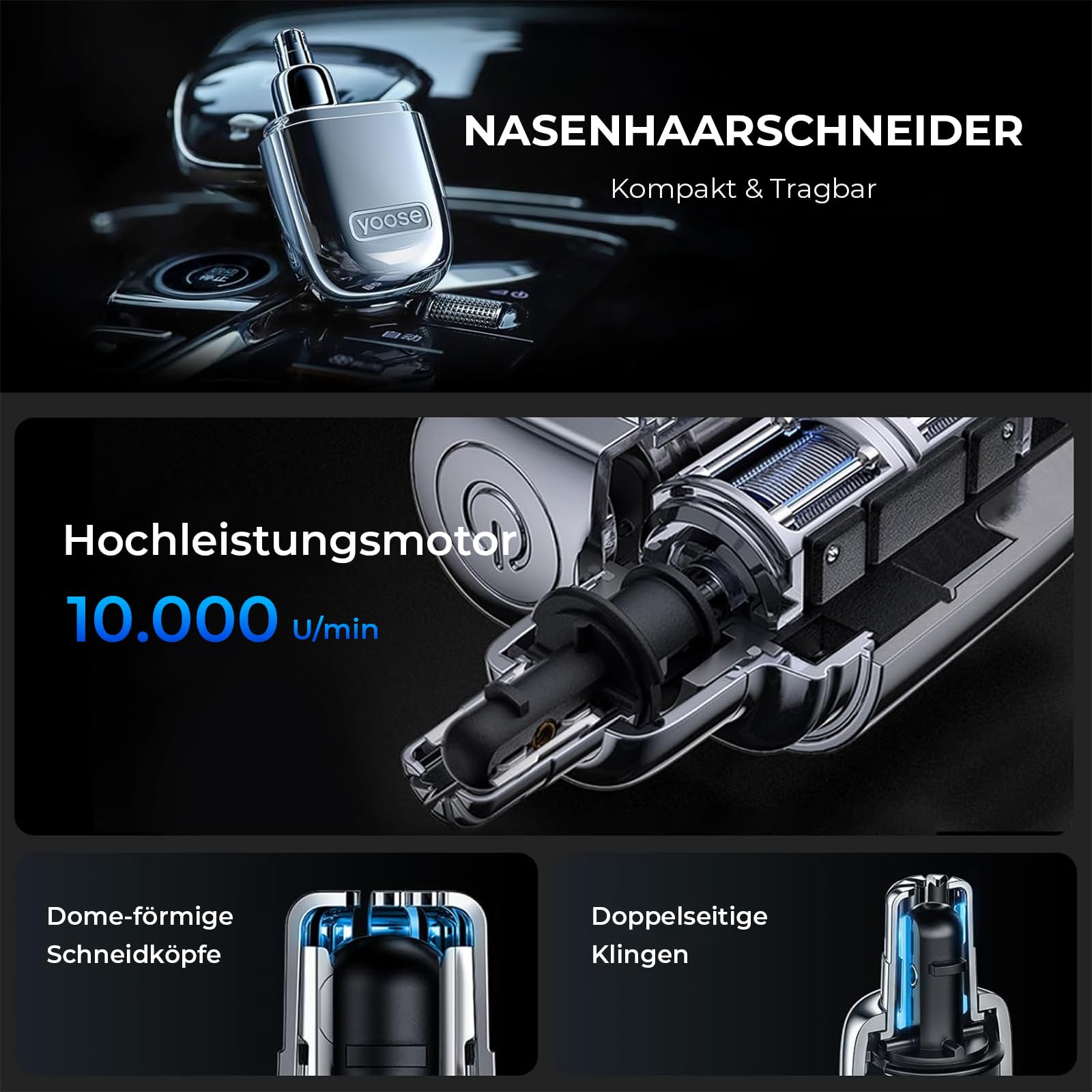 yoose MINI Rasierer & Nasenhaartrimmer Geschenkset - Aus Hochwertiger Legierung, Ultra-Leiser Motor, IPX7 Wasserdicht - Kompakt & Tragbar - Perfektes Männergeschenk (Silber)