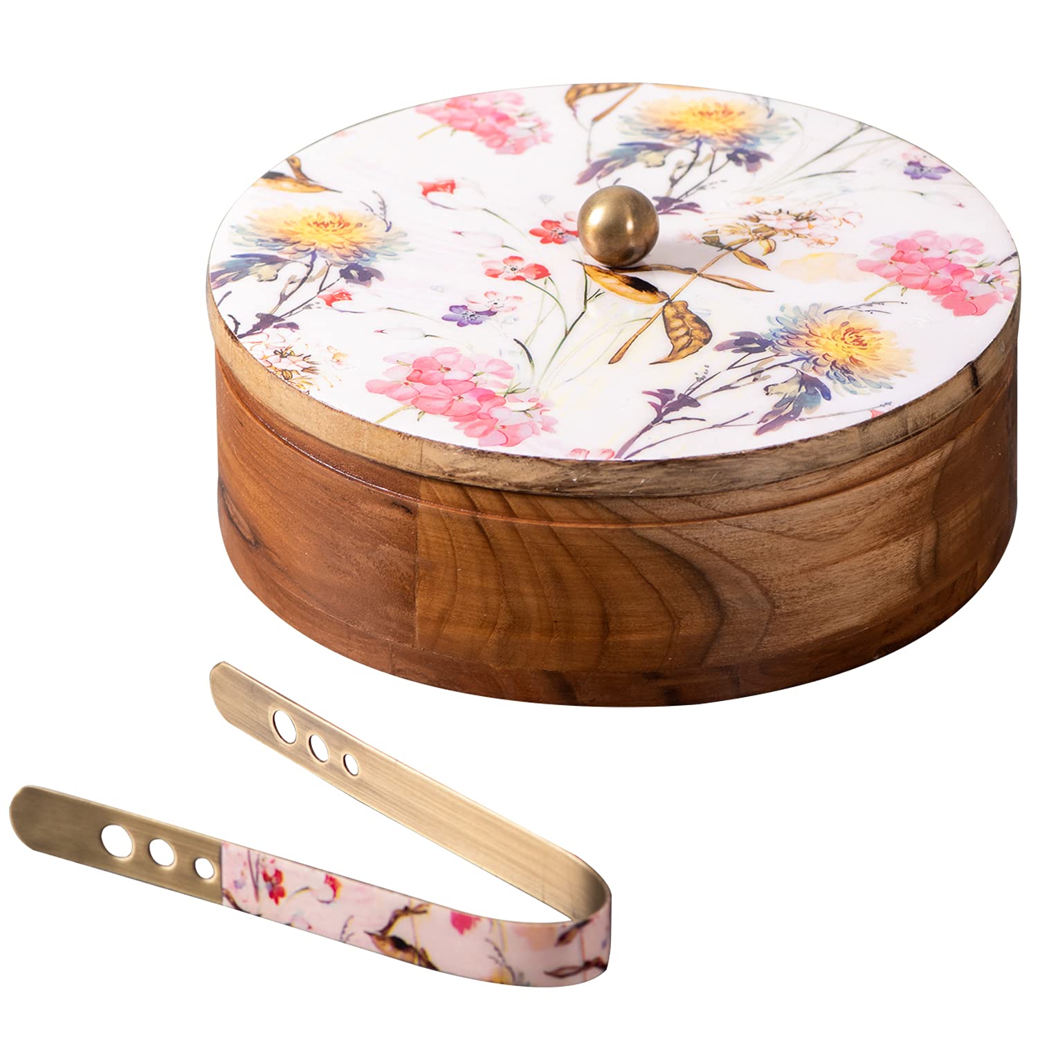 nestroots Casserole for roti | hot Box for Kitchen Wooden Printed chapati Box for Kitchen |hot Pot roti Box with Tong (9 inch Dia, Semi White Flower) (B092J33HLX) Amazon Price History, Amazon Price Tracker