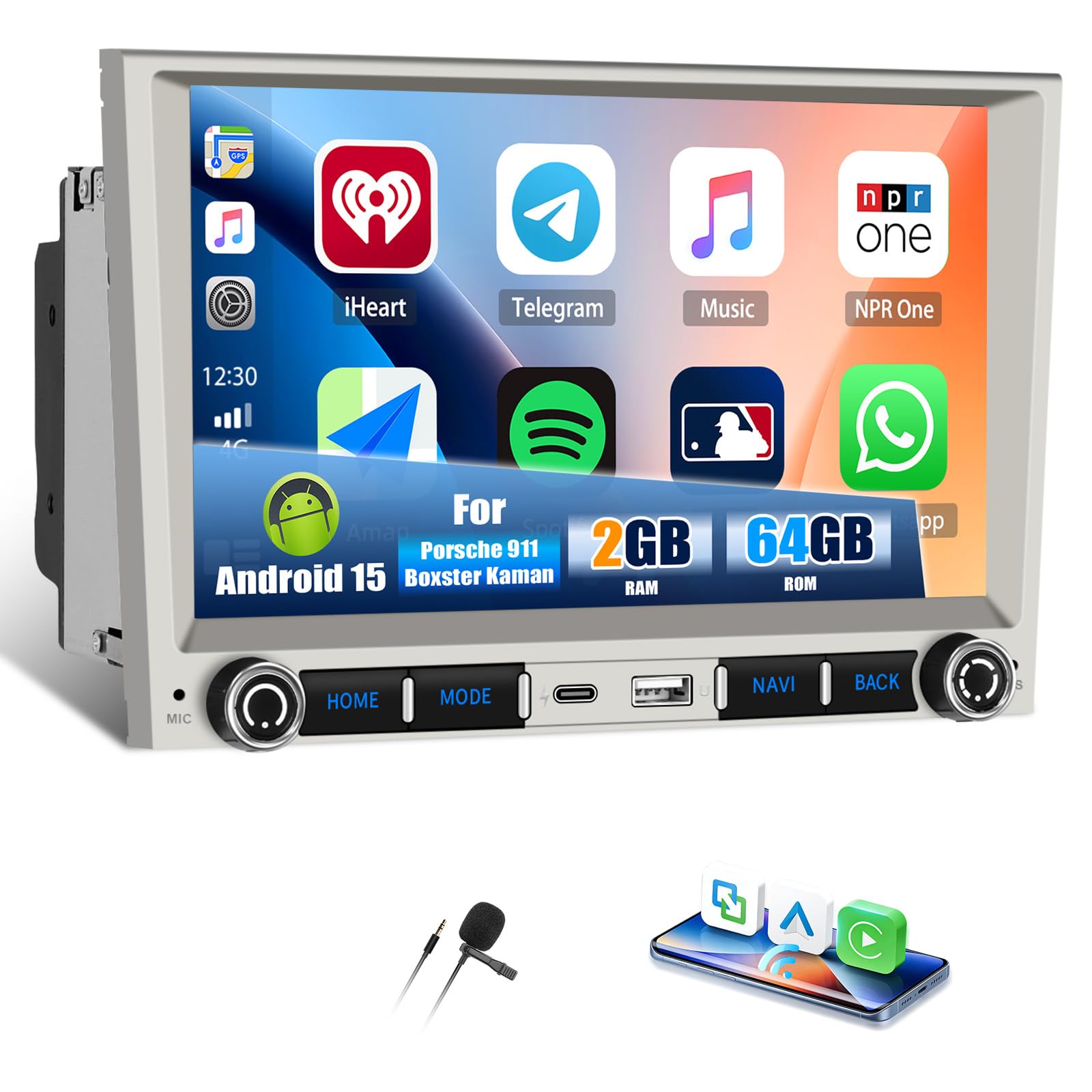CAMECHO 2+64GB 7 Pulgadas Android 15 Autoradio para Porsche 911 Boxster Cayman con CarPlay Inalámbrico Android Auto, GPS, Bluetooth Wi-Fi RDS FM y Sonido EQ, Pantalla Táctil HD
