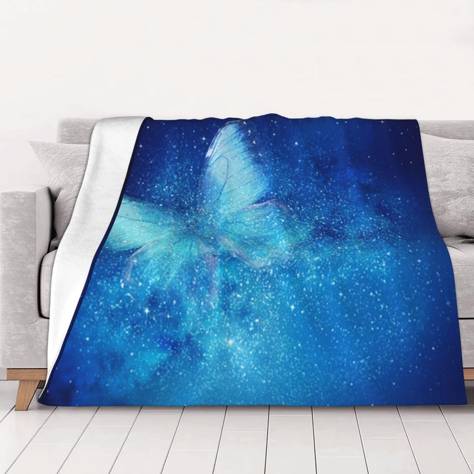 Couverture flanelle papillon bleu galaxie 125x100cm pour lit et canapé