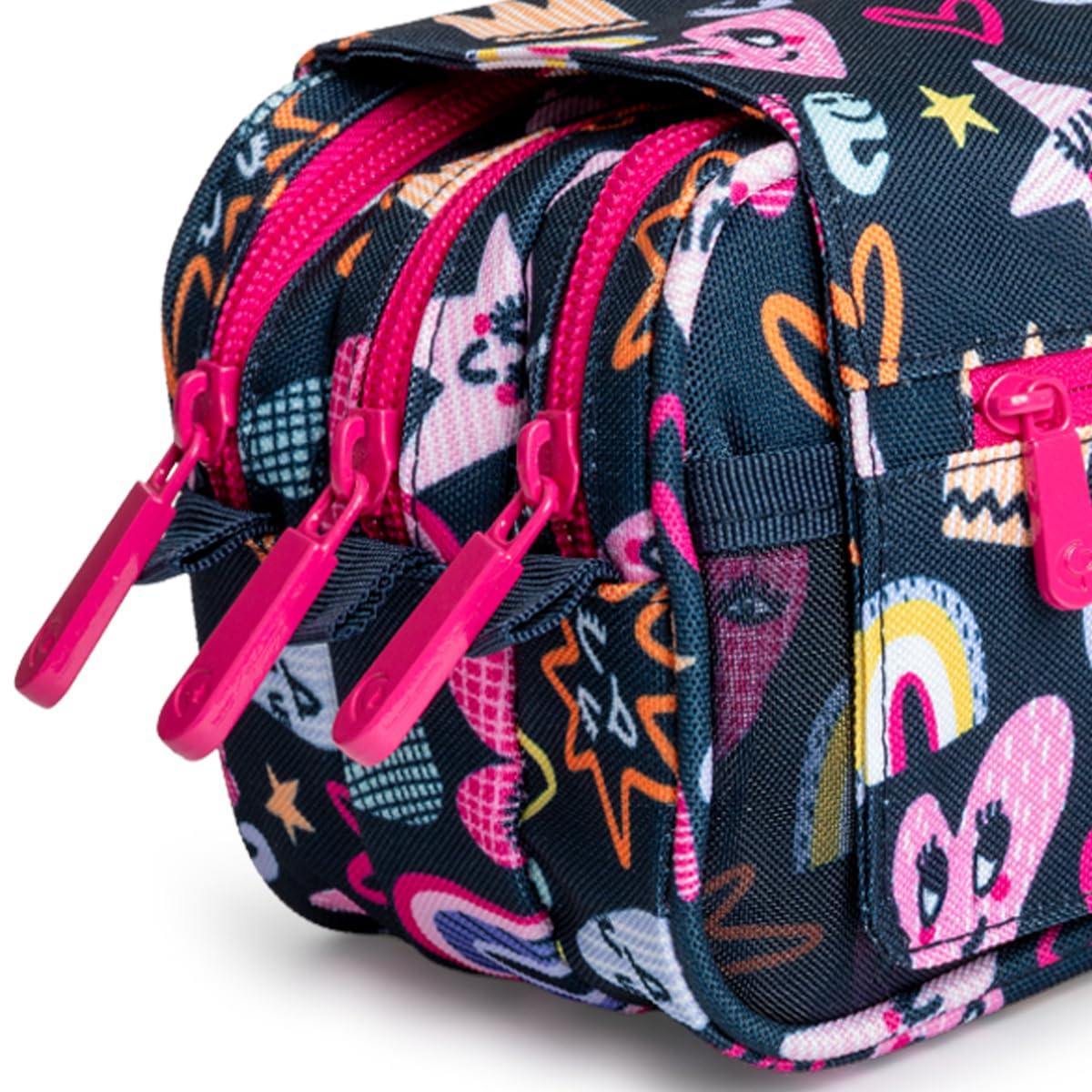 ColePack Design - Lote de Estuche Portatodo Triple con 3 Cremalleras y Material Escolar de Primeras Marcas Incluido (Cute)