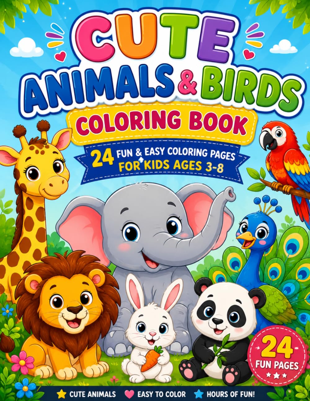 Cute Animals & Birds Coloring Book for Kids: 24 Fun and Easy Coloring Pages for Ages 3–8