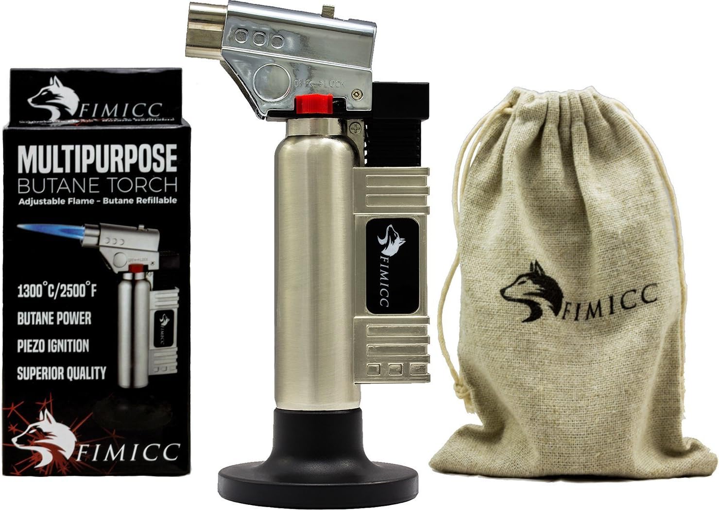 fimicc Culinary Butane Torch Refillable Cooking Torch with Two Type of Flames,Safety Lock&Adjustable Flame-For Creme Brulee,Desserts,Camping&More-BONUS Cotton Bag,Recipe E-book&Video (Brown Nickel)