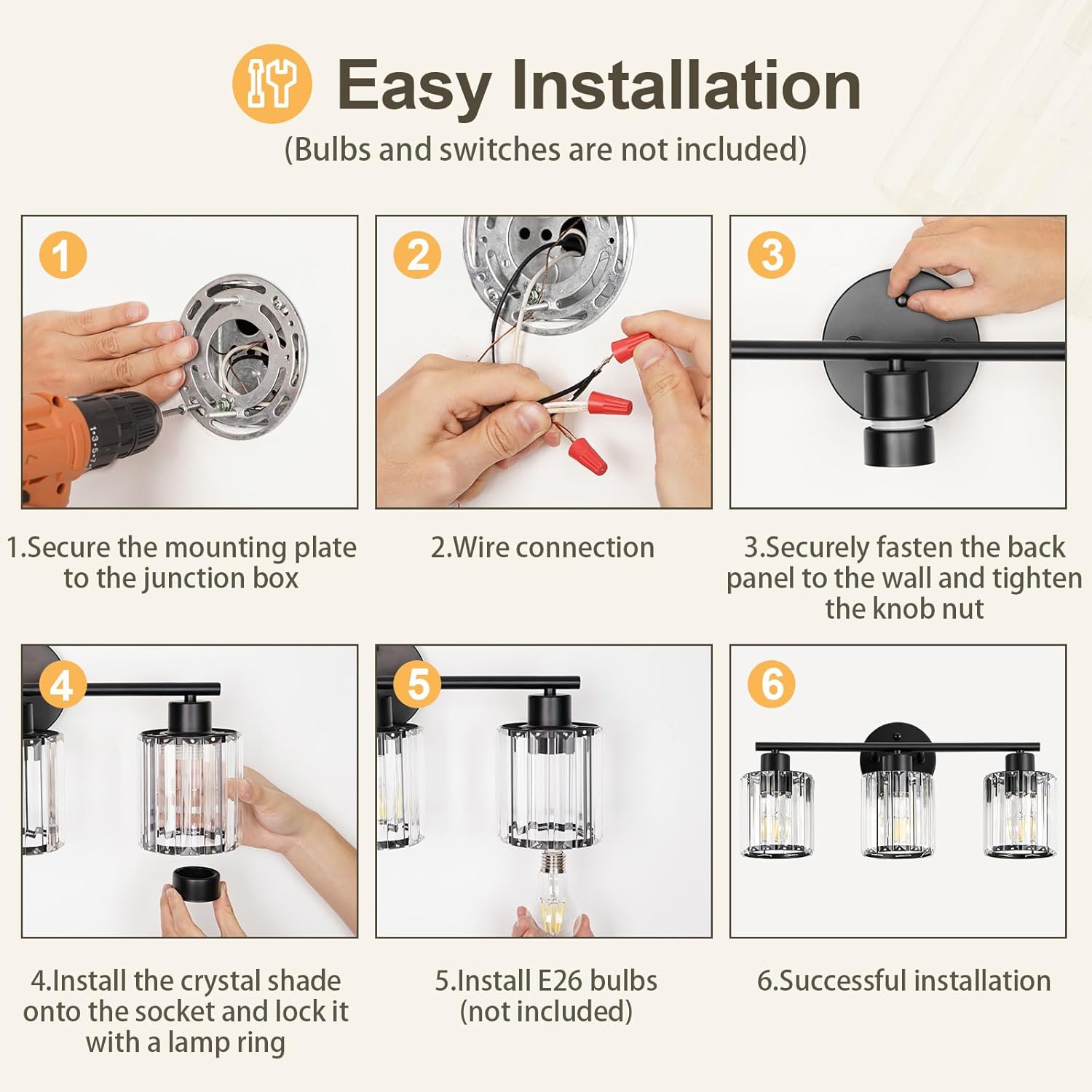 Crystal Bathroom Light Fixtures, Bathroom Lighting Fixtures Over Mirror, Modern Black 3-Light Vanity Lights for Mirror, Restroom, Bedroom (Ceramic E26 Socket,Bulbs Not Include)