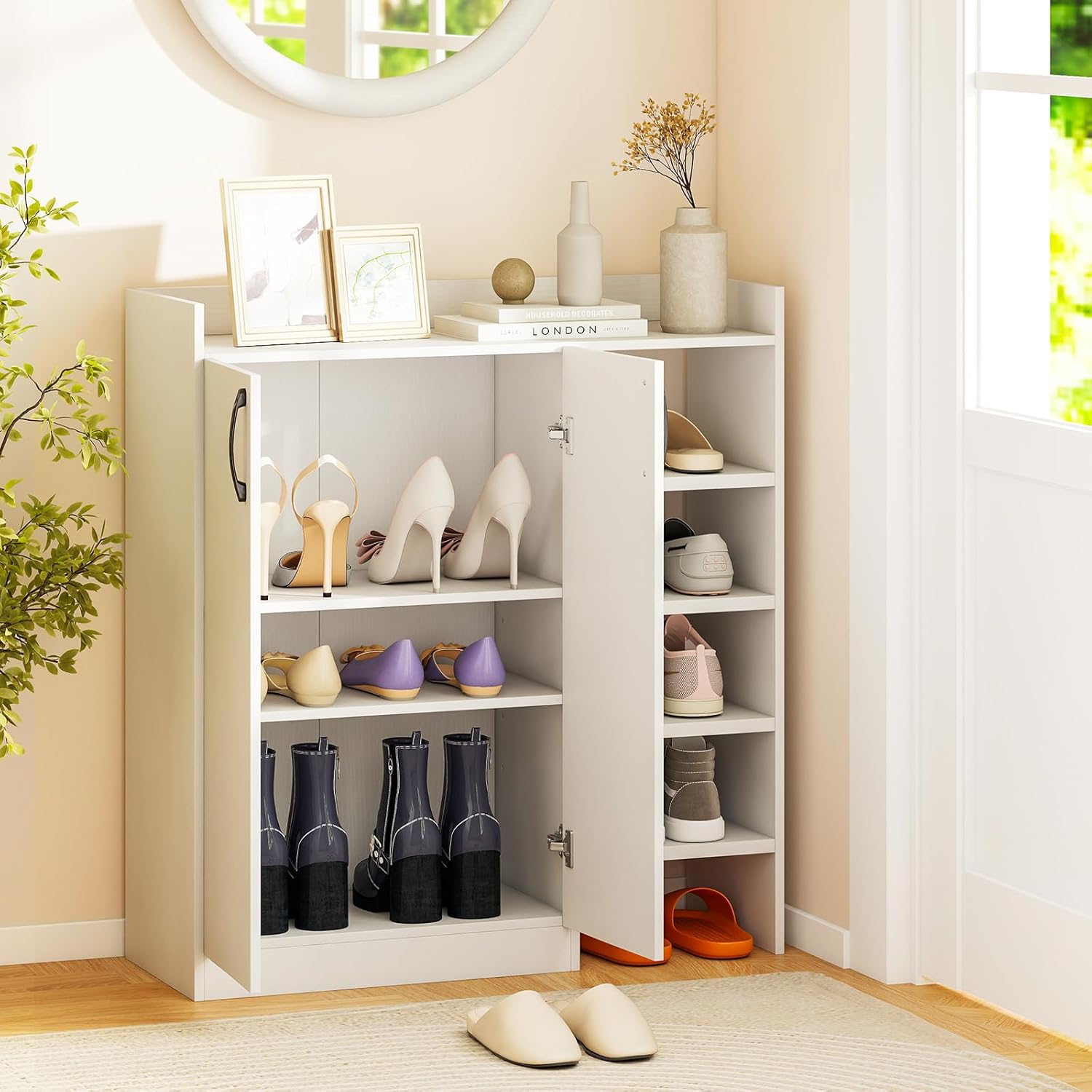 LOKO Shoe Cabinet with 2 Doors, Shoe Storage Organizer with 2 Adjustable Inner Shelves & 4 Open Shelves, Modern Freestanding Wooden Rack for Entryway, Hallway, Living Room, Closet