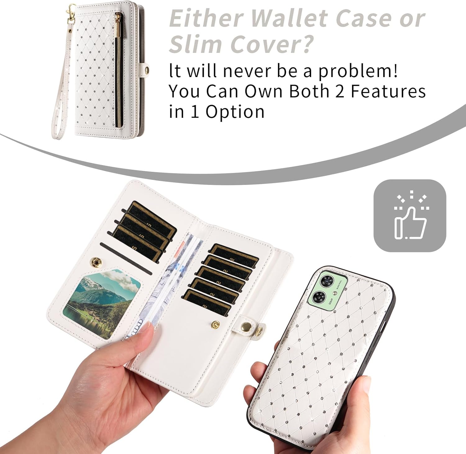 Asuwish Phone Case for Motorola Moto G54 5G Zipper Wallet Detachable Magnetic Cell Cover with Tempered Glass Screen Protector Crossbody Strap Bling Flip Credit Card Holder G 54 2023 Women Girls White