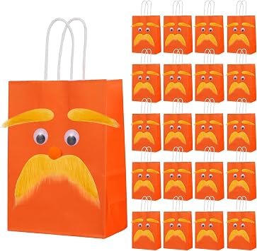 20 Pack DIY Orange Paper Gift Bags with Yellow Mustache Eyebrows Eyes Noses - 5.9" x 3.15 x 8.27 Kraft Paper Gift Bags Candy Treats Bags with Handle for Carnival World Book Day Party