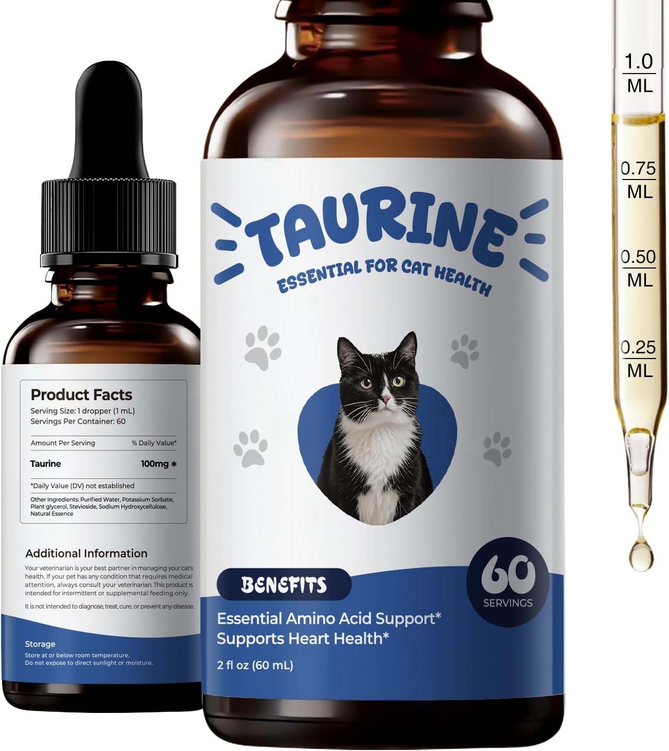 Taurine Supplement for Cats Liquid Drops – Essential Taurine for Heart Health, Vision & Immune Support, Easy-to-Mix Daily Feline Nutrition Supplement