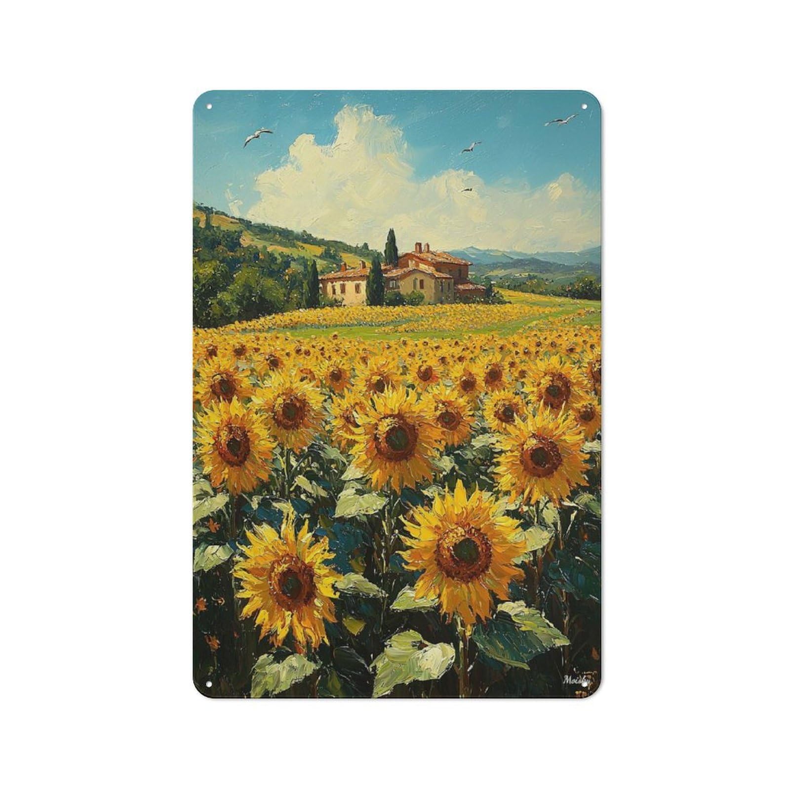 Junmoney Impressionist Inspired Sunflower Field And Co Tin Wall Plaque 30X20cm With Untryside For Café Or Restaurant, New Home Wall Decor For Hospitality Interior Collectors