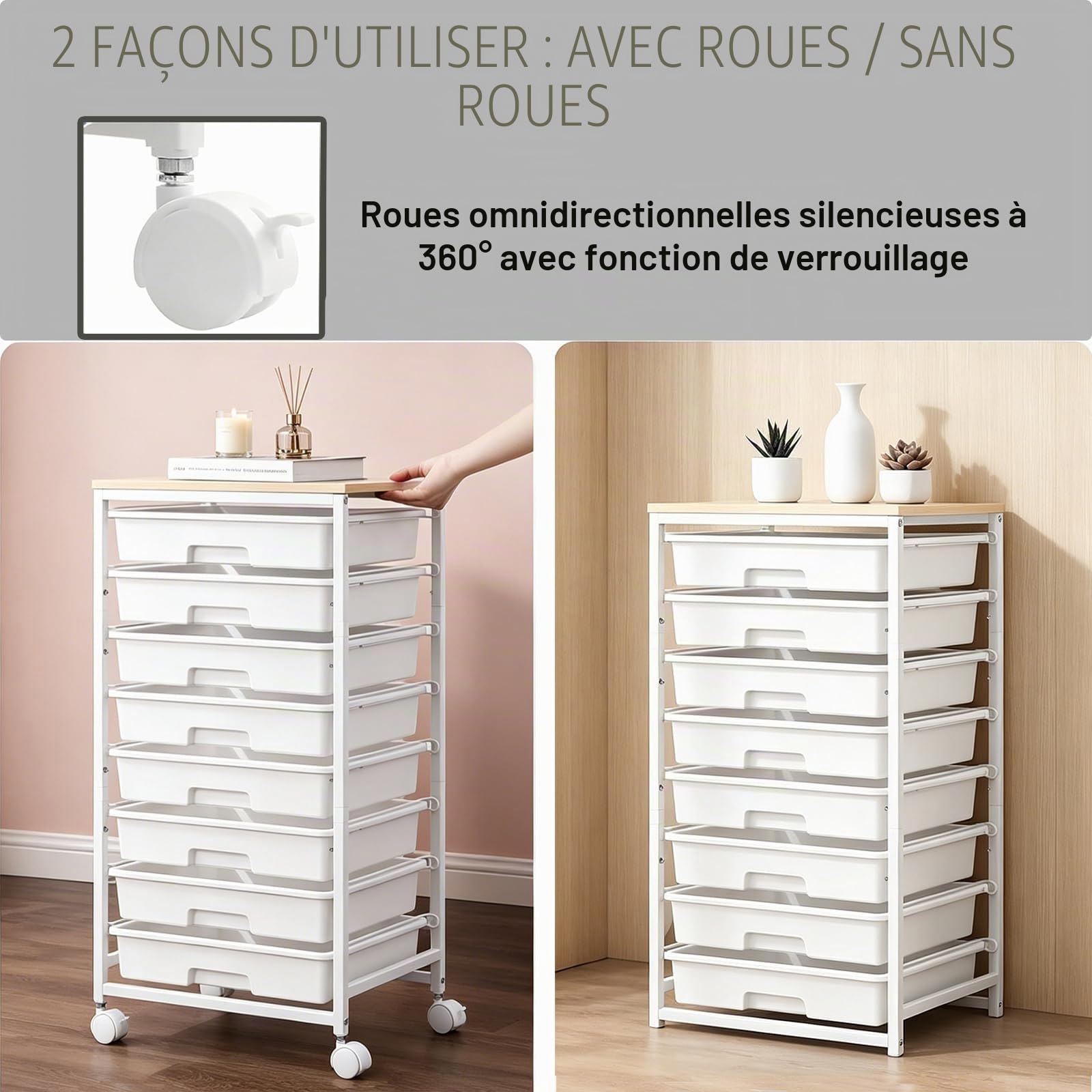 Chariot de Rangement à Roulettes avec 8 Tiroirs, Desserte à Roulettes avec Plateau en Bois, Chariot de Rangement pour Bureau, Cuisine, Salon et Chambre