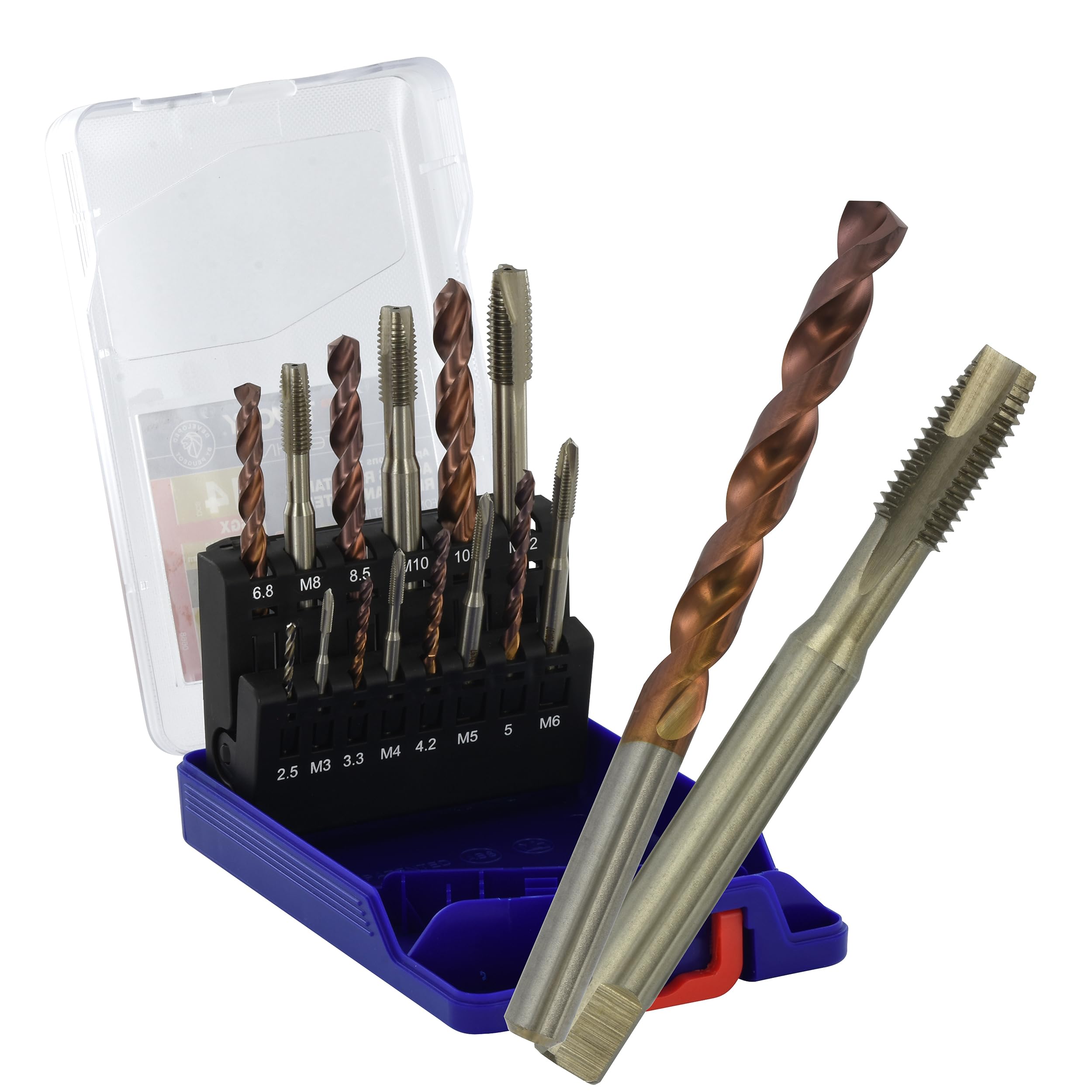 TIVOLY - Coffret Tarauds + Forets HSS Revêtus Fusio - Lot de 7 Tarauds M3/​M4/​M5/​M6/​M8/​M10/​M12 + 7 Forets Ø 2,​5-​3,​3-​4,​2-​5-​6,​8-​8,​5-​10,​2 mm