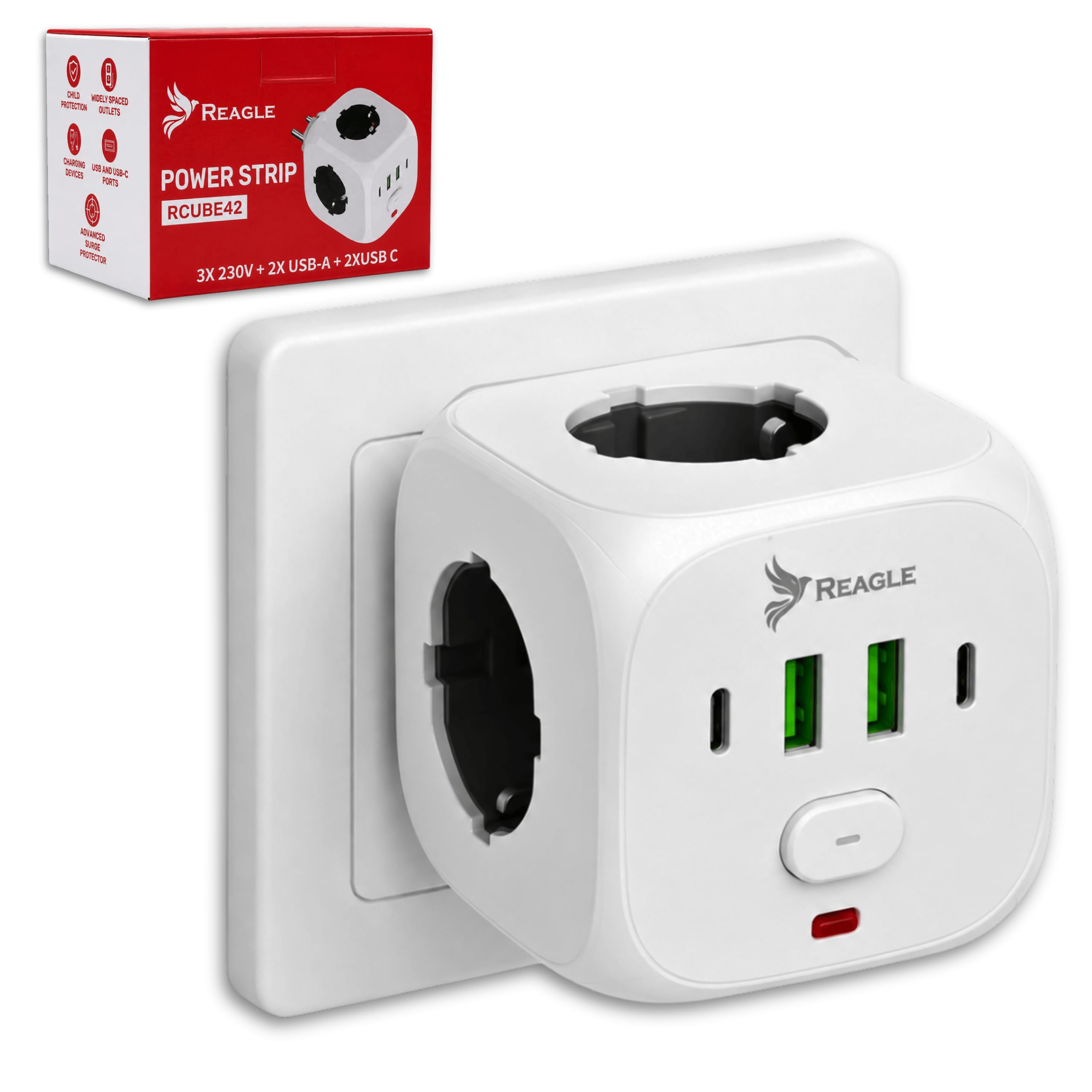 Reagle Kostka Zasilająca Bez Kabla 3 Gniazda 230V, Rozgałęźnik Do Gniazdka z USB 2x USB A 2x USB C, Listwa Zasilająca Cube, Włącznik ON OFF, 2500W, Do Domu Biura Podróży, Biała