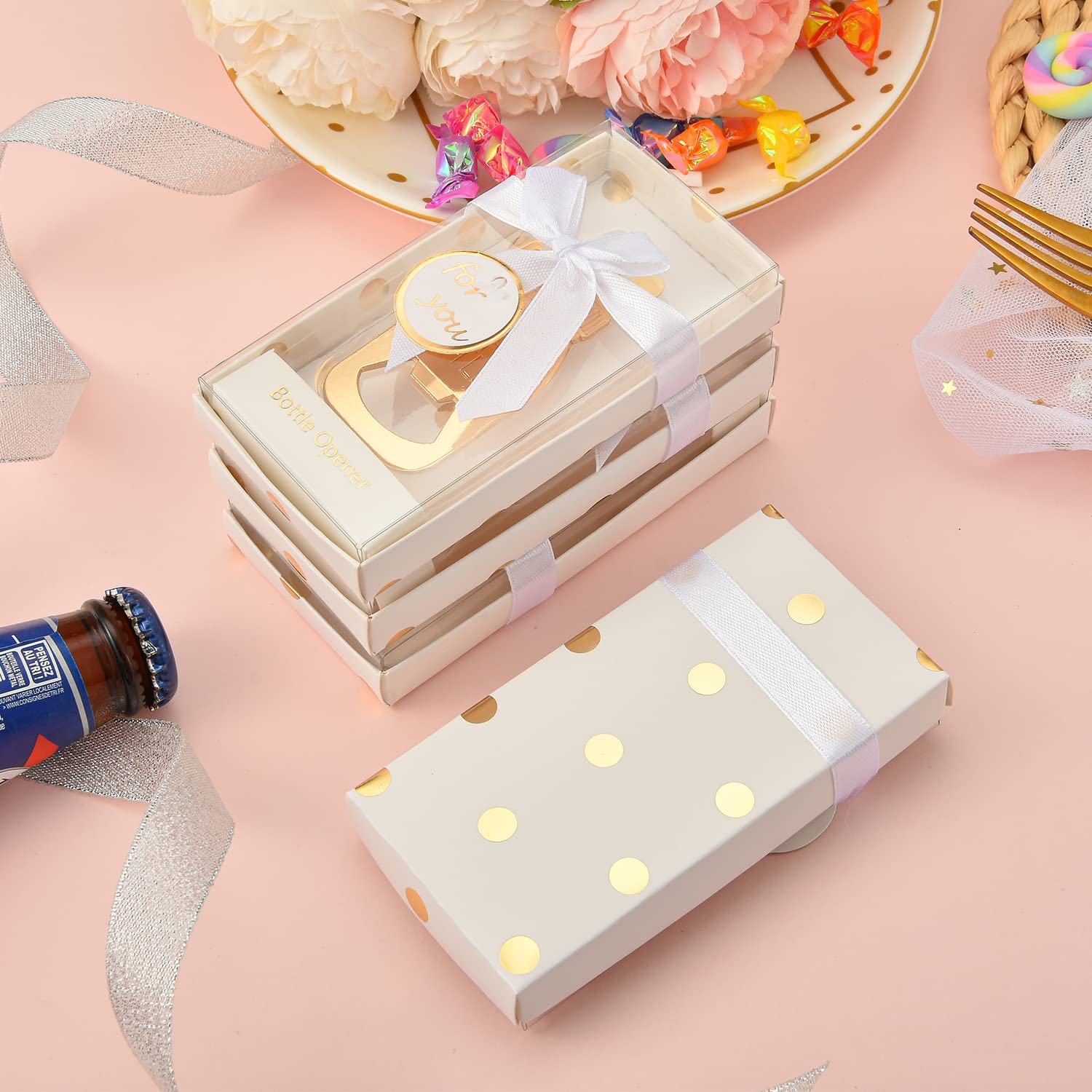 24 otwieracze do butelek dla niemowląt na baby shower, prezenty, dekoracje lub pamiątki dla gości, w pudełku prezentowym, wzór popping dla chłopca lub dziewczynki