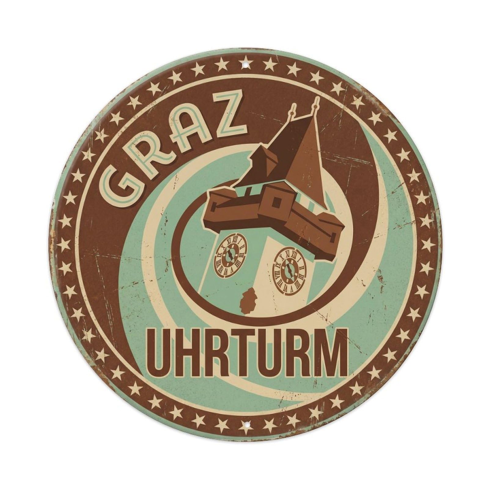Vintage Travel Graz Austria Artwork Metal Tin Sign Plaque Wall Decor for Cafe, Club, Garden Round Metal Poster 8x8Inch