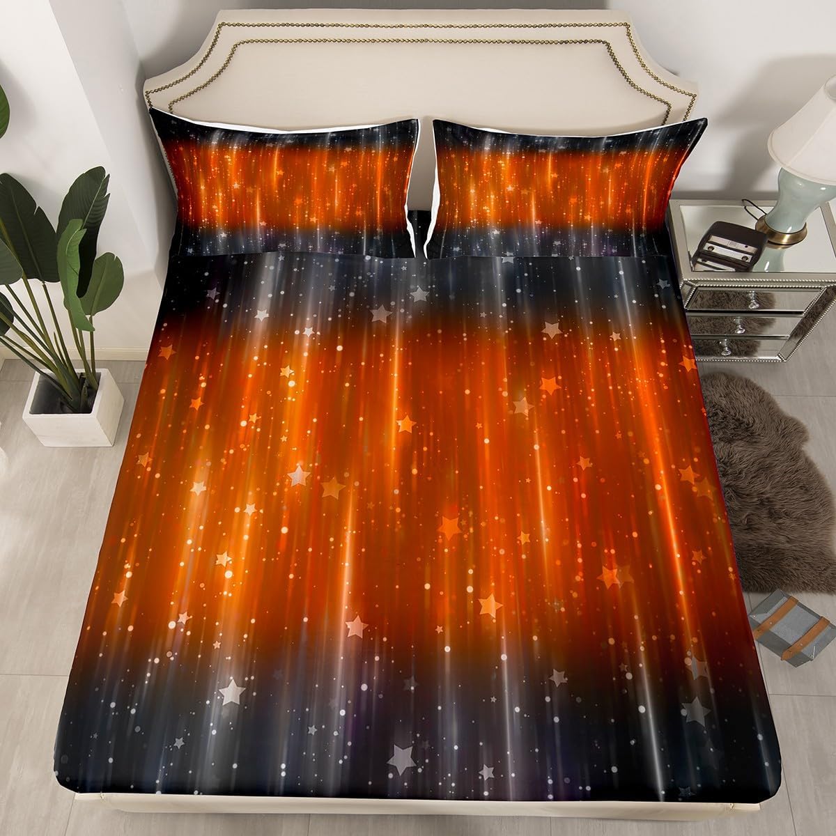 Erosebridal Orange and Black Ombre Bed Sheets Black and Grey Gradient Fitted Sheet Full Size, Sparkling Stars Bedding Aesthetic Glowing Sheet, Modern Abstract Neon Bed Cover (Deep Pocket)