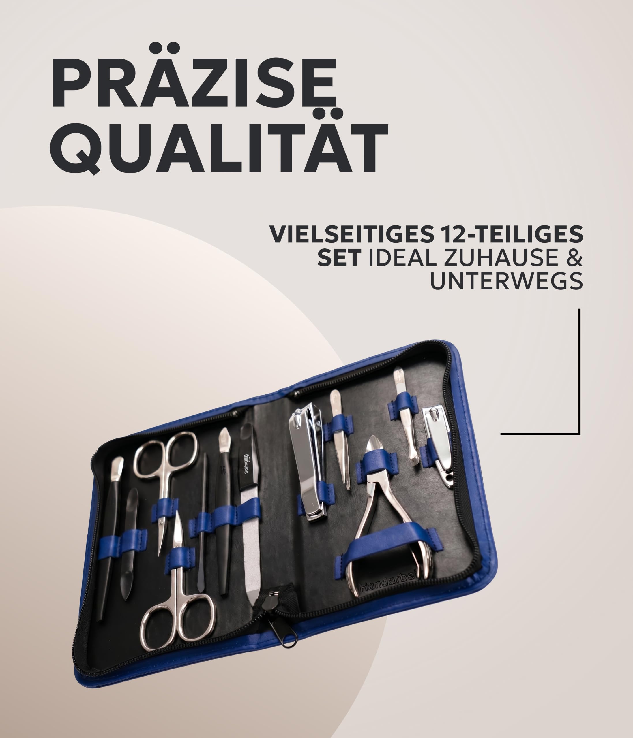 Solingen Reissverschlussetui Blau 12-teilig – Maniküre Set aus LWG Leder, präzise Nagelpflege – für Damen & Herren – Nageletui – Made in Germany