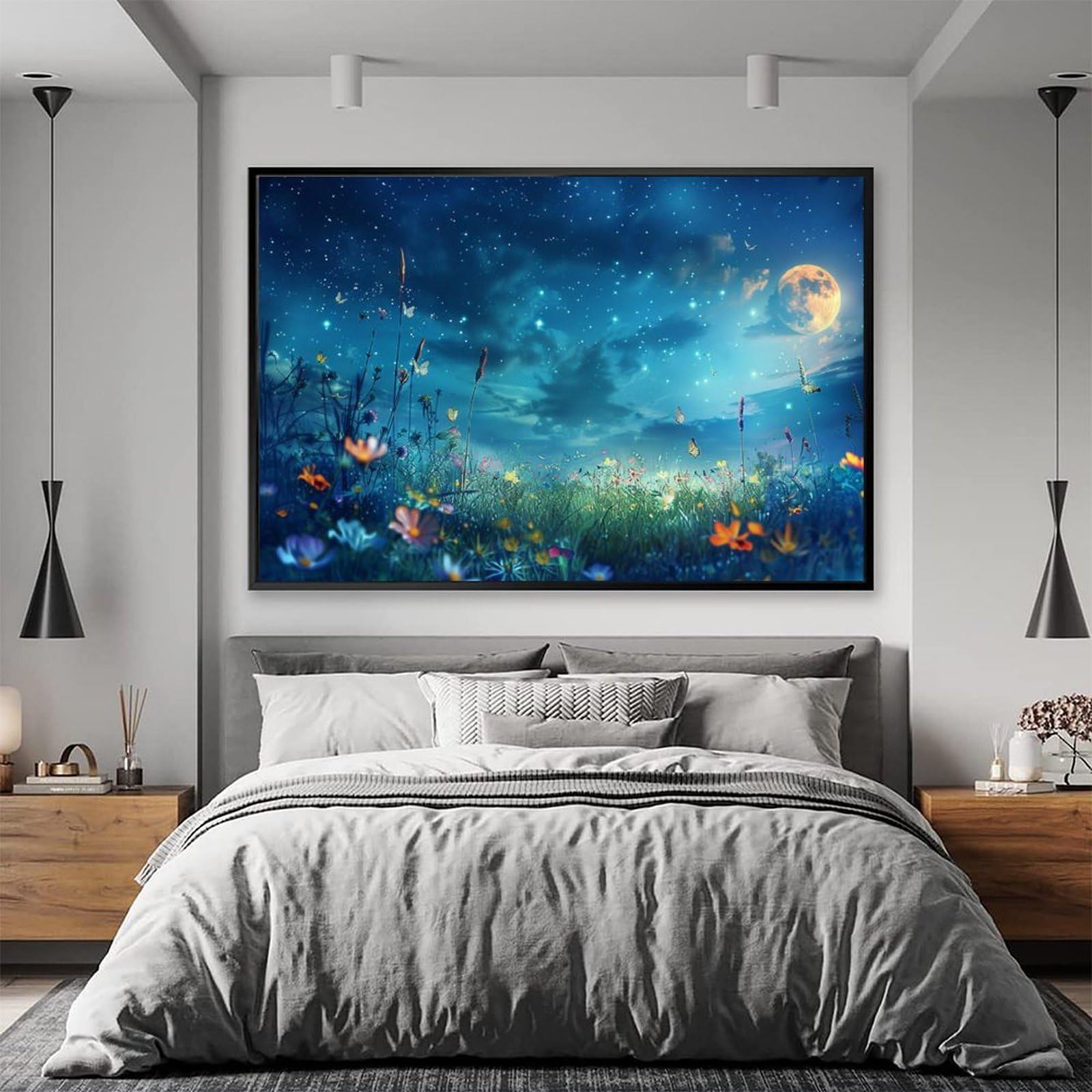 Amazon.co.jp: 絵画 美しい星空と月と夜の花畑 アートパネル ポスター