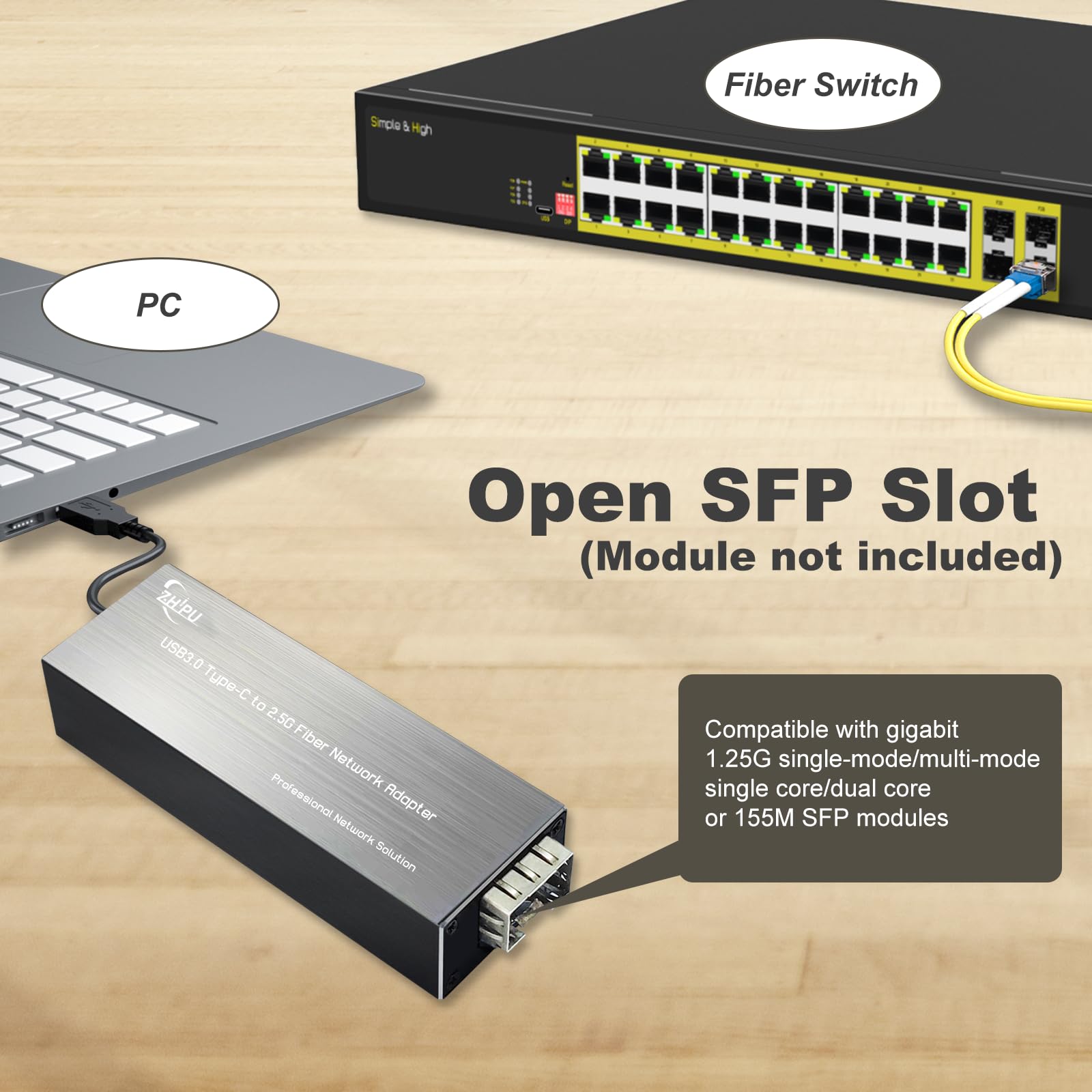 Adaptador de red de fibra óptica Mini USB C a 2.5G, USB3.0 tipo C 5V a 2.5G Base-X SFP, compatible con Windows/Linux, para portátil/PC/Tablet