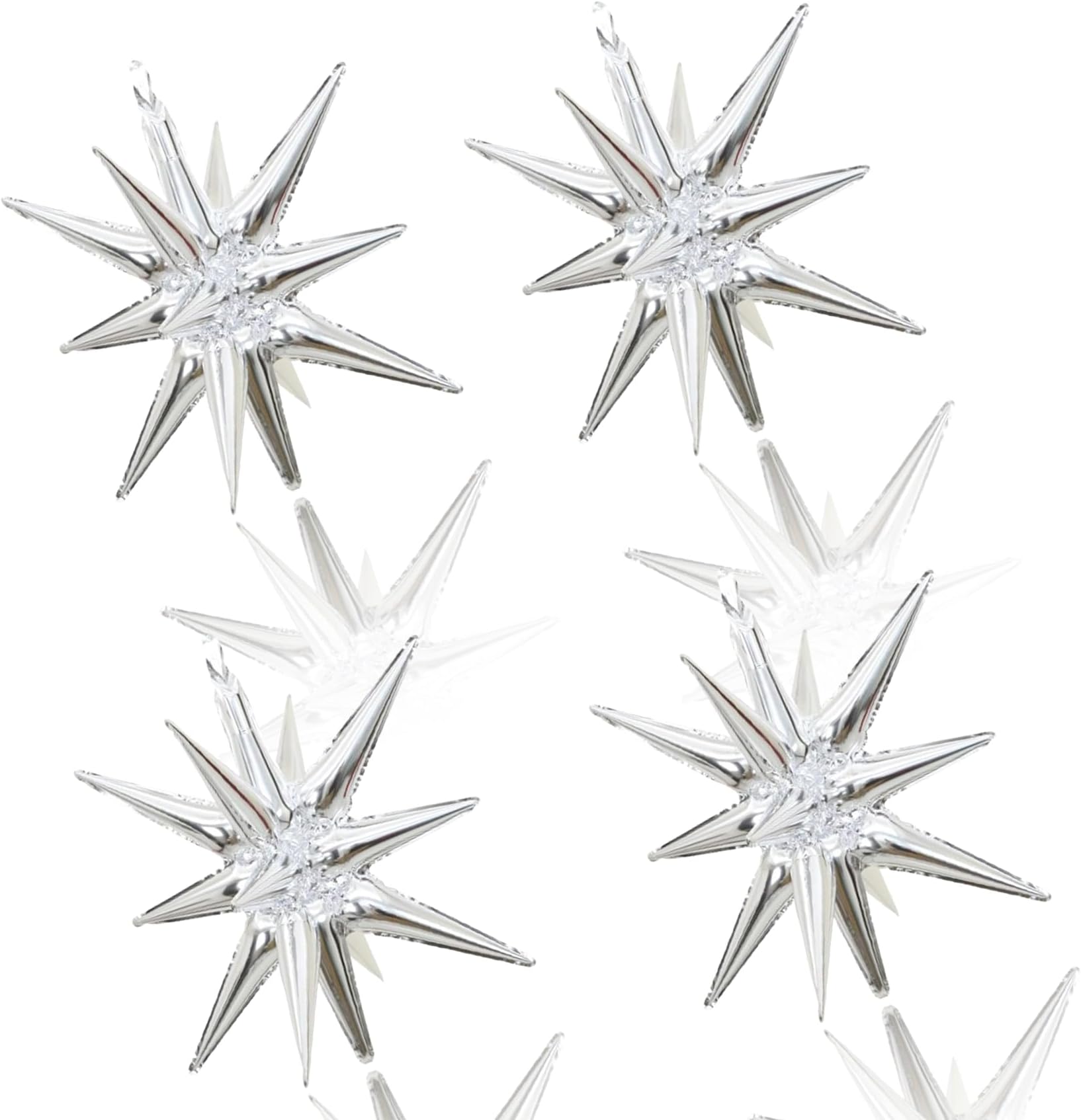 4 Pcs Silver Star Foil Balloons - 22inch 4D Starburst Cone Mylar Balloons for Christmas, Birthday, Wedding, Anniversary Decorations in Elegant Silver