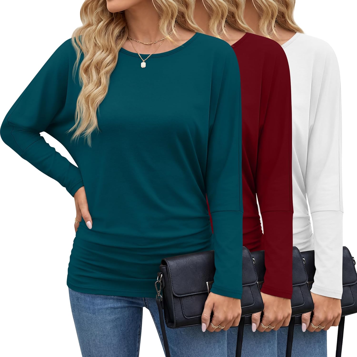 3 Pack Women's Dolman Sleeve Tops Casual Long Sleeve Flowy Side Ruched Shirts Round Neck Bat Wing Draped Basic Tee