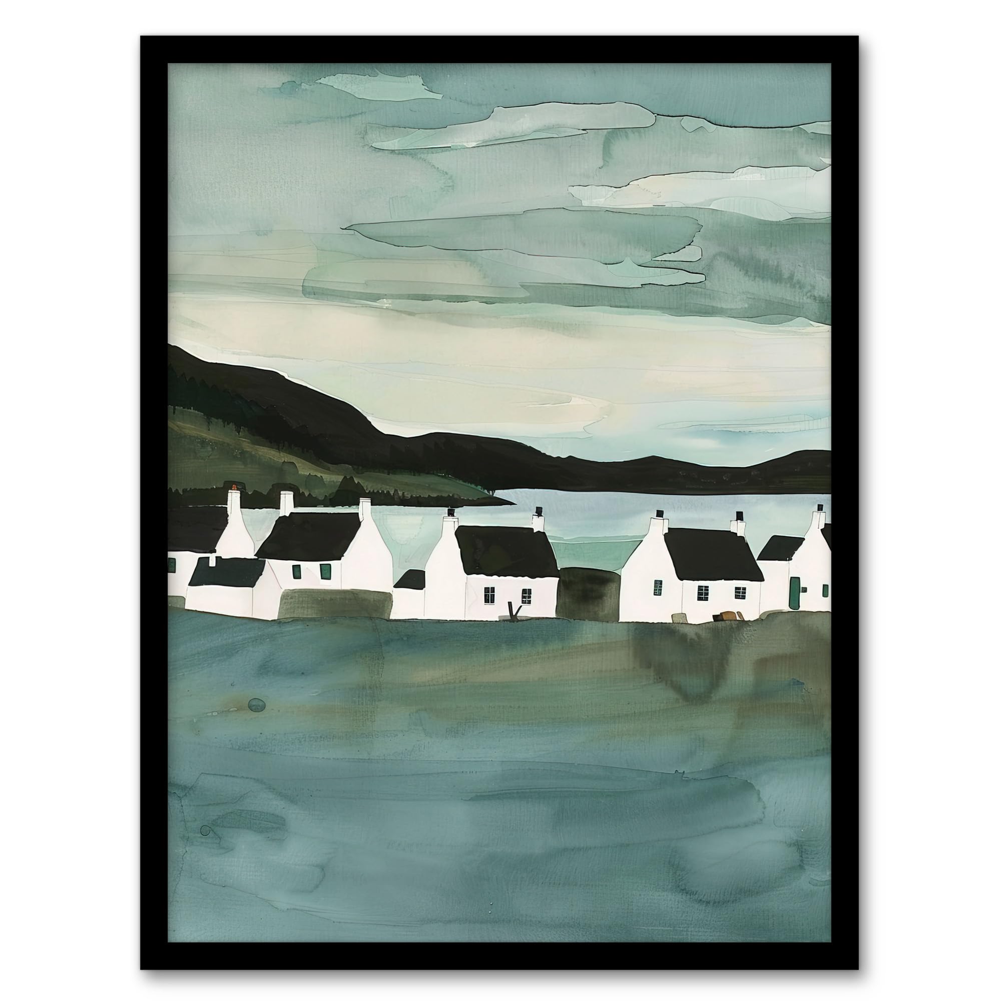 Artery8 Fisherman Cottages Scotland Seaside Watercolour Bathroom Toilet Artwork Framed Wall Art Print 18X24 Inch