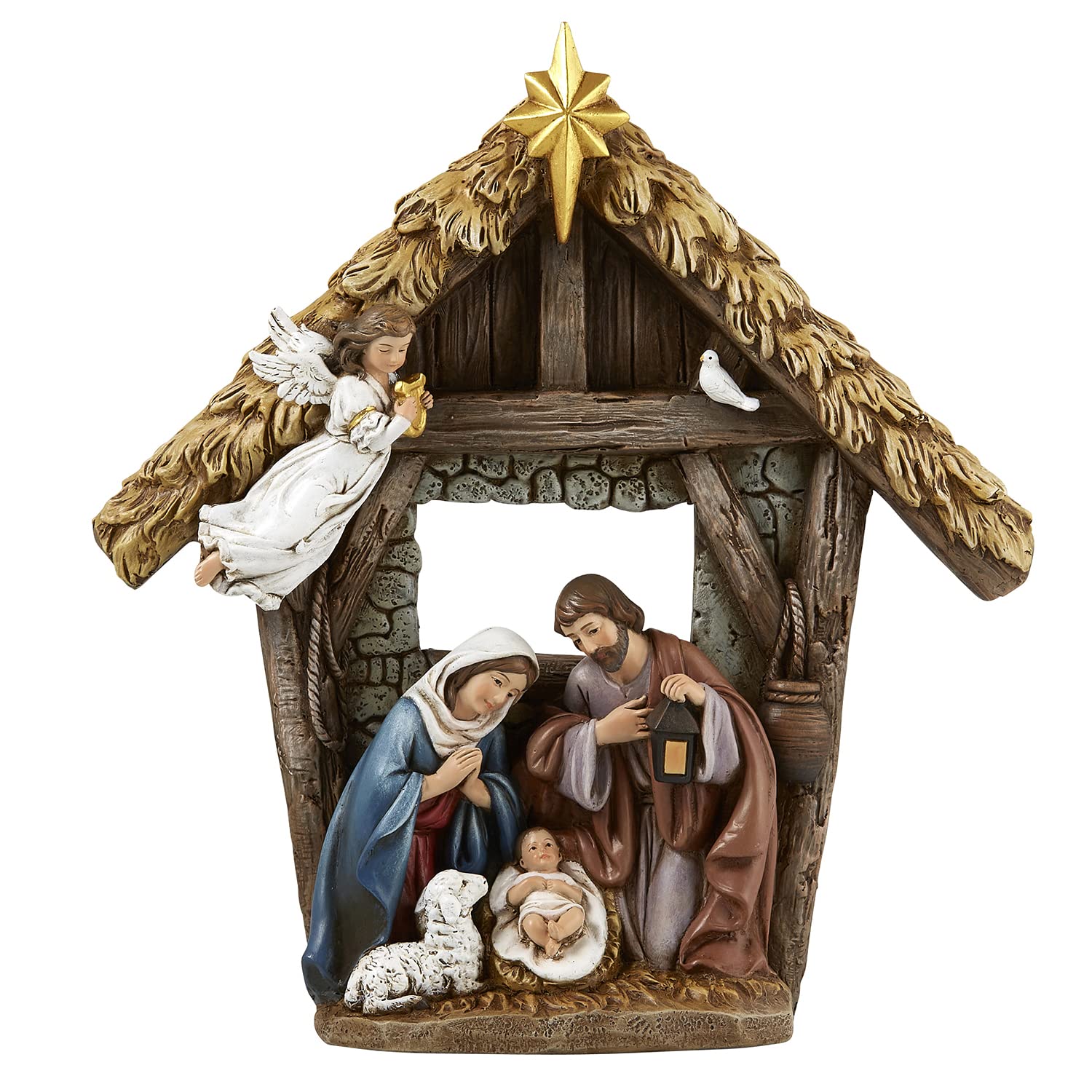 Nativity Sculpture - Carved Resin Holy Family with Angel Christmas Figurine, 9.25" Tall, in The Stable