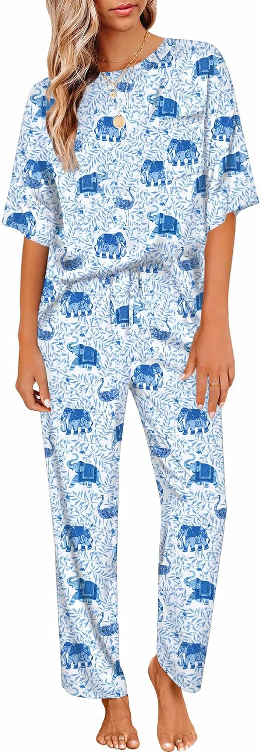Ekouaer Womens Satin Silky Pajama Set Short Sleeve Shirt with Long Pajama Pant Set Soft PJ Loungewear