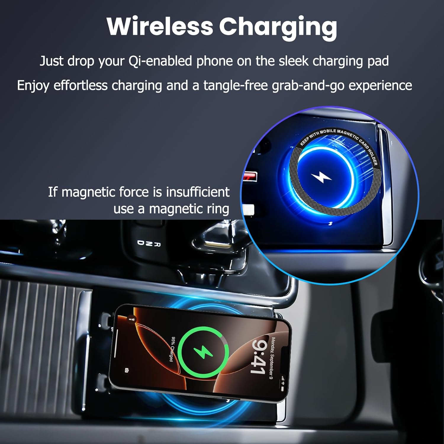 USB Hub for Volvo xc60 xc90 s90 v90 s60 v60, Fast Charging Center Console Docking Station with Dual Retractable Cables, 15W Wireless Charger Pad, 5-Port Car Charger Accessories