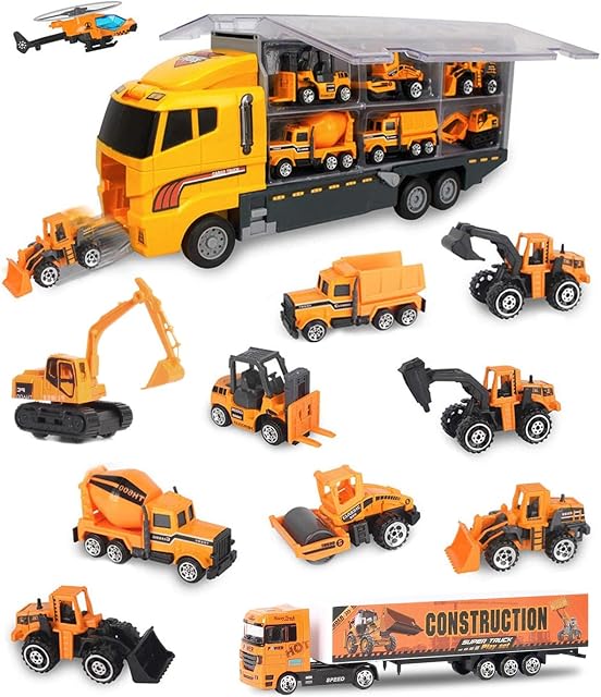 E-SMARTER 11 in 1 Construction Toys, Carrier Transporter Truck Toy for Boys, Mini Car Transporter Toy for Boys, Bulldozer, Excavator, Mixer, Car Toys Christmas Birthday Gifts for Kids Boys Girls 3+