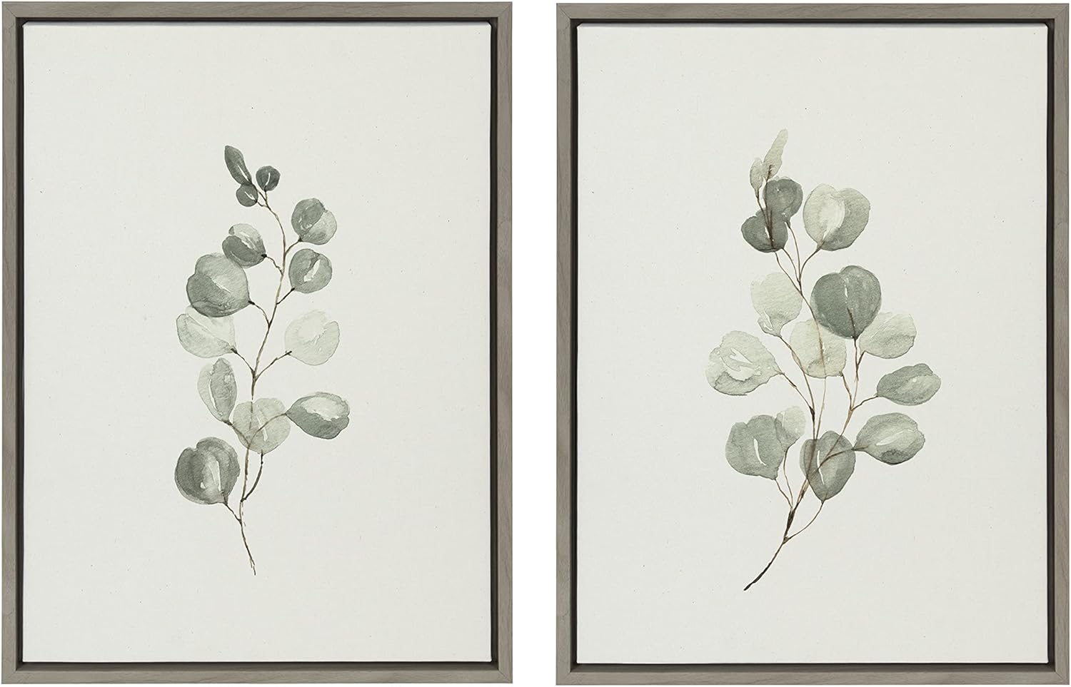 kate and laurel sylvie eucalyptus 4a & eucalyptus 4b framed canvas wall art set by maja mitrovic of makes my day happy; 2 piece 18x24 gray; farmhouse plant art wall décor gray 2 piece 18 x 24 inches