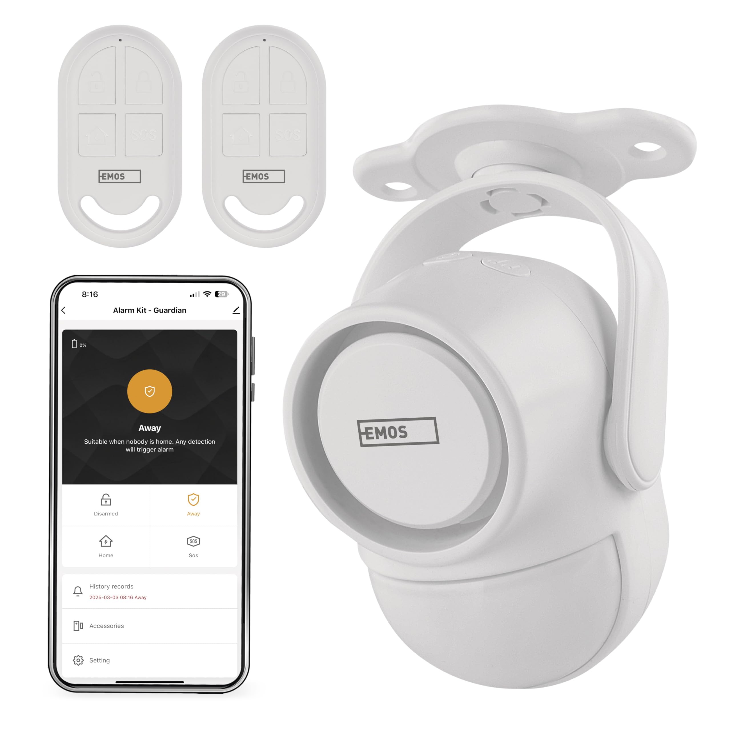EMOS GoSmart - Alarma PIR con Sirena de 125 dB y aplicación, Doble operación, Kit de Alarma antirrobo, Tipo IP-126L, con 2 mandos a Distancia y 6 sensores de Puerta, Tuya, Smart Life, 2,4 GHz, WiFi