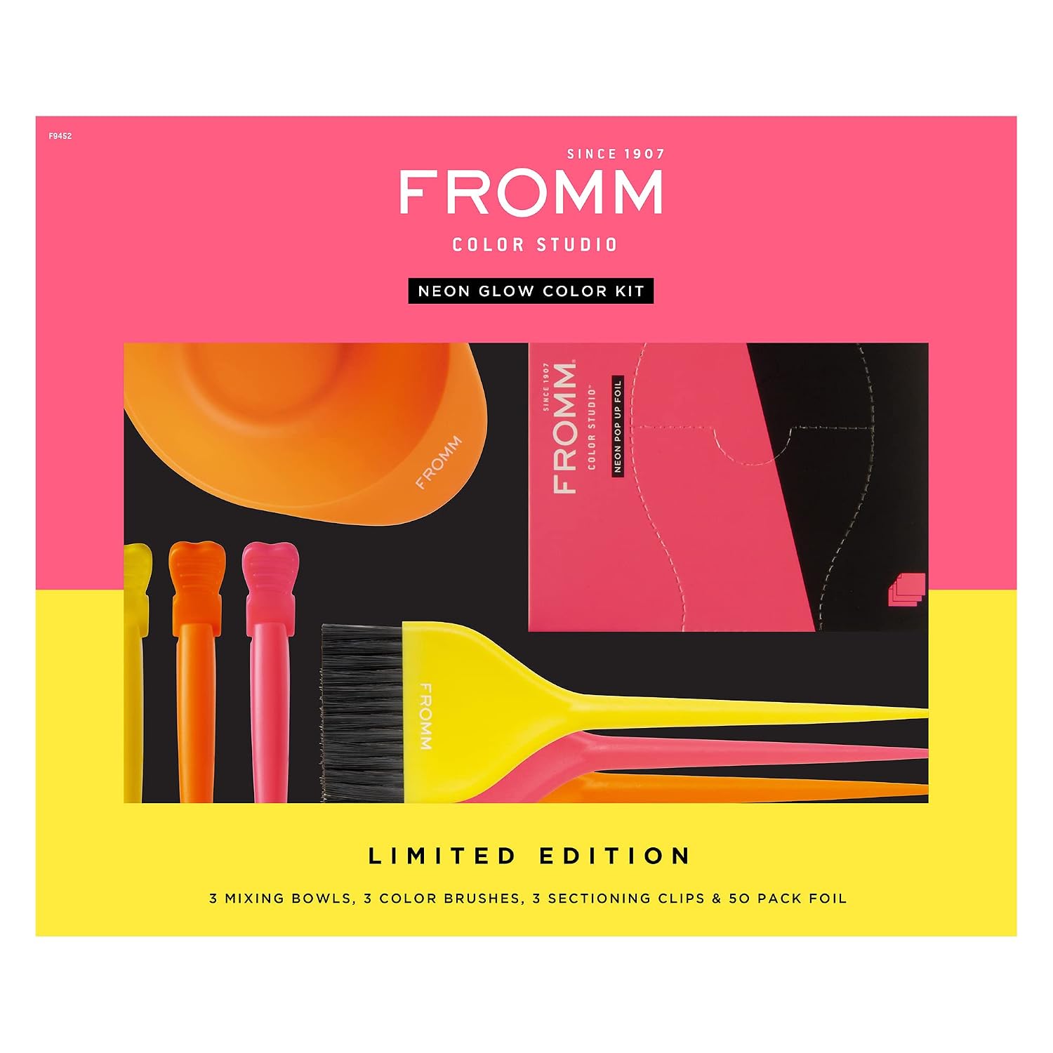 Fromm Color Studio Professional Hair Dye Coloring Kit for Hair Stylist in Neon Glow, 10-piece set - Includes Foils, Bowls, Brushes and Clips
