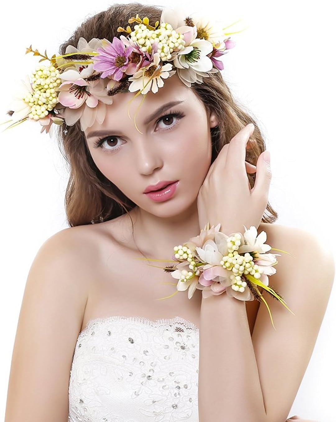 Qhome Womens Flower Wreath Crown Floral Wedding Garland Headband Wrist Band Set