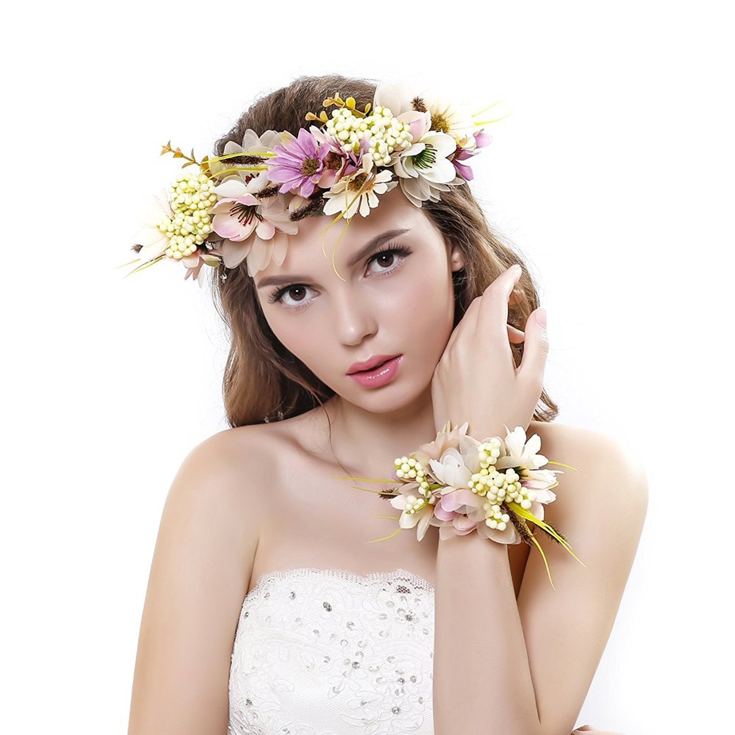 Qhome Womens Flower Wreath Crown Floral Wedding Garland Headband Wrist Band Set