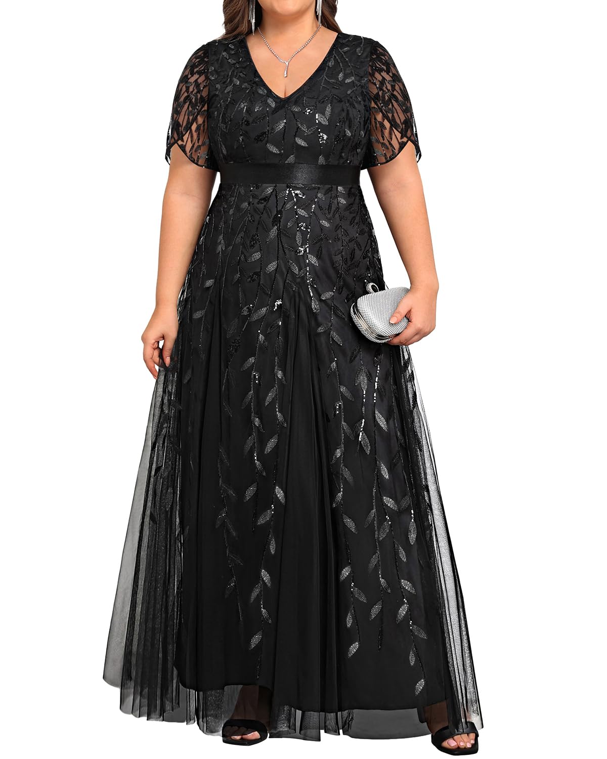 Pinup FashionPlus Size Formal Dresses - Evening Gowns Wedding Sequin Embroidery V-Neck Prom Long Dress