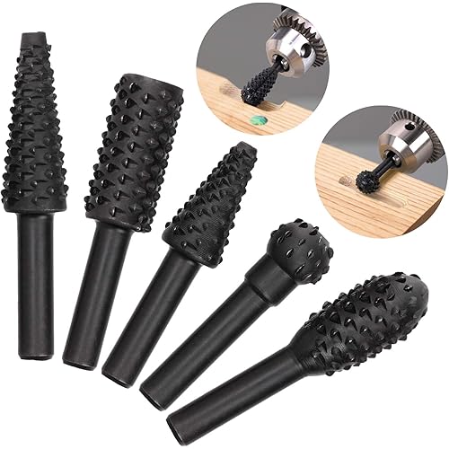 OIIKI 5 PCS Woodworking Twist Drill Bits, Wood Carving File Rasp Drill Bit, with 1/4" Shank Tool Rasp Chisel Shaped Rotating Embossed Grinding Head