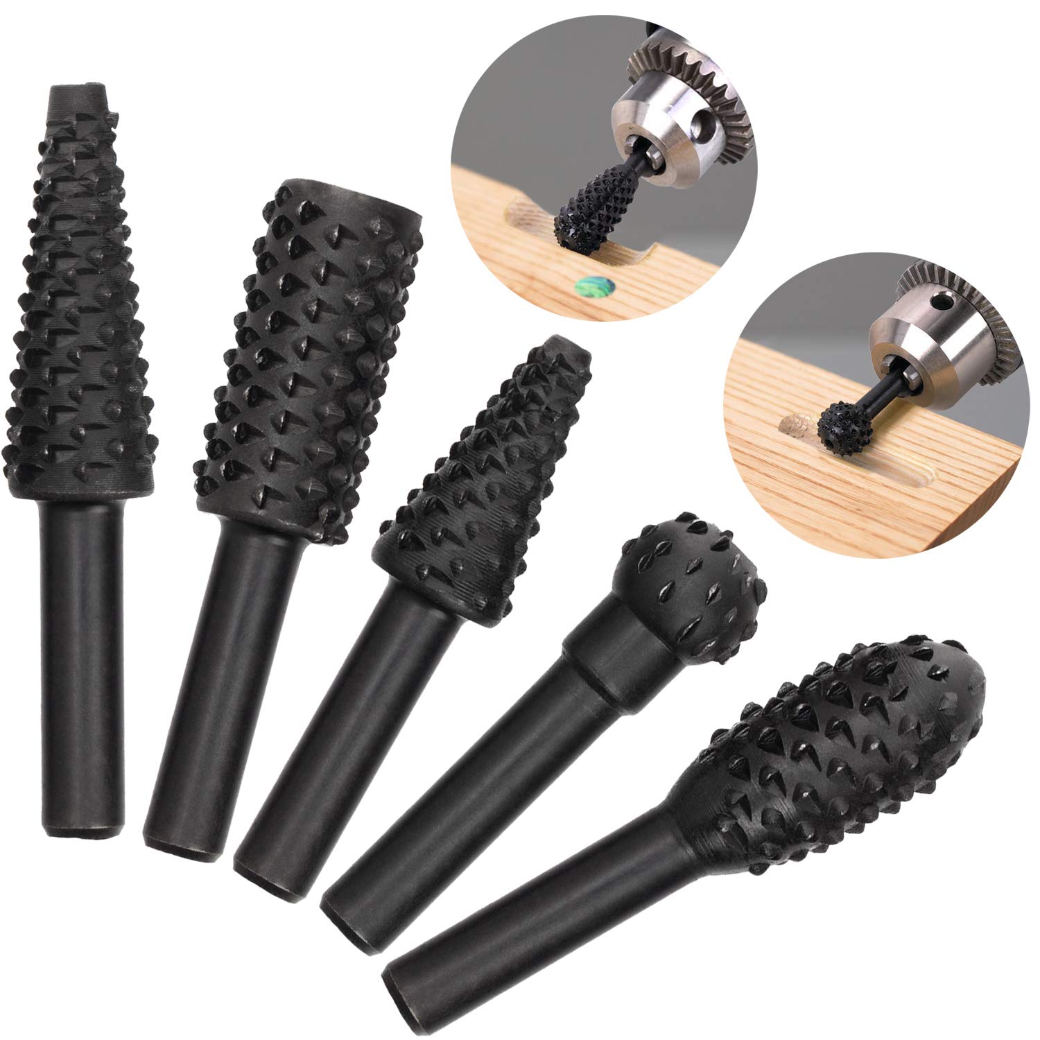 OIIKI 5 PCS Woodworking Twist Drill Bits, Wood Carving File Rasp Drill