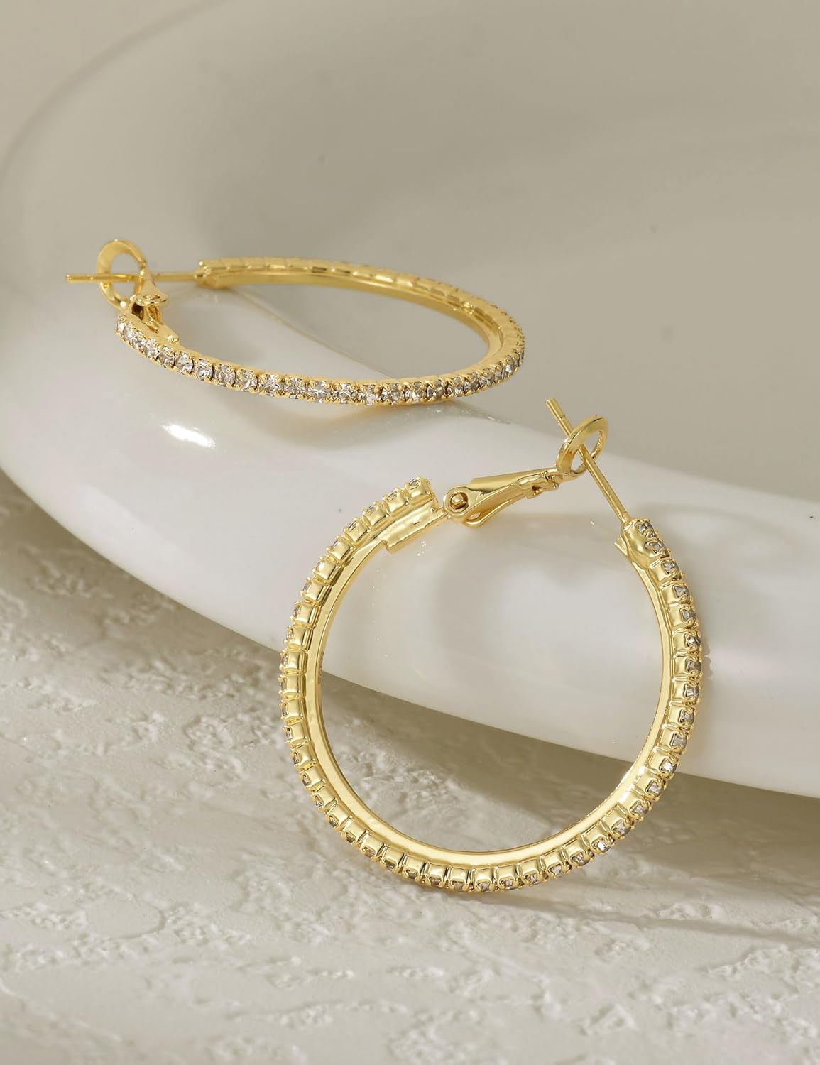 Kainier Gold Hoop Earrings for Women Hypoallergenic Sterling Silver Post Lightweight Hoops Jewelry 20mm-70mm Large Gold Earrings Textured or Zircon Rhinestone Design Trendy Statement Gift Jewelry - Image 8