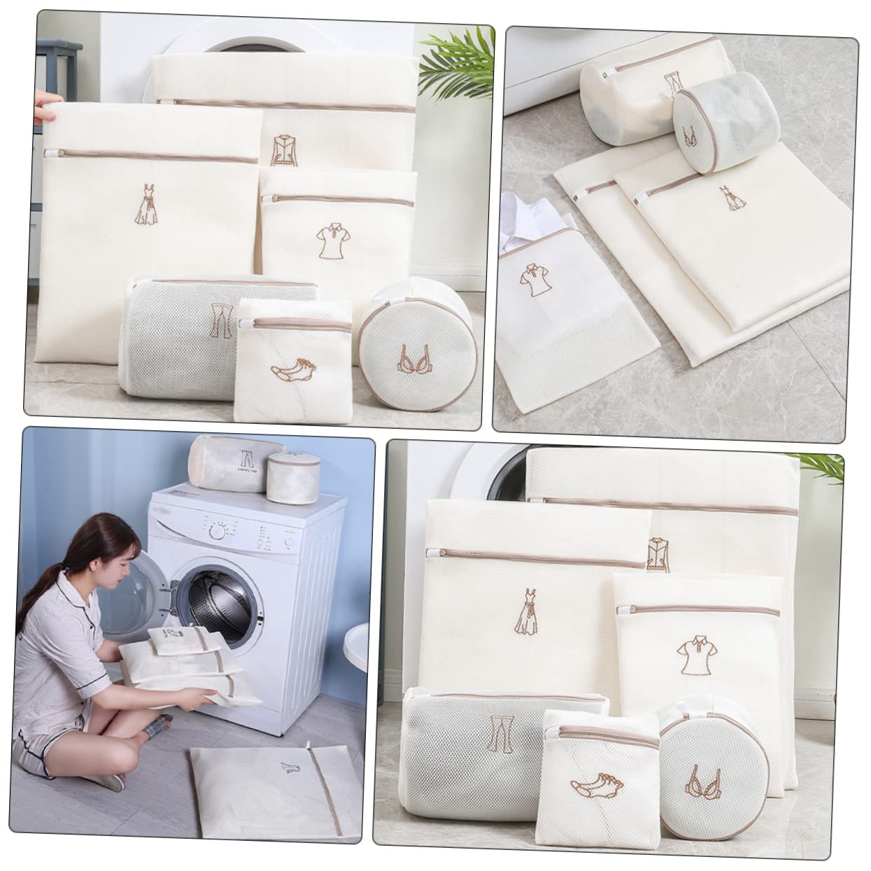 Bolsa de Lavado de Malla de Poliéster Beige Cierre, Juego de 6 Piezas para Proteger Ropa Interior y Evitar Enredos y Daños Lavadora