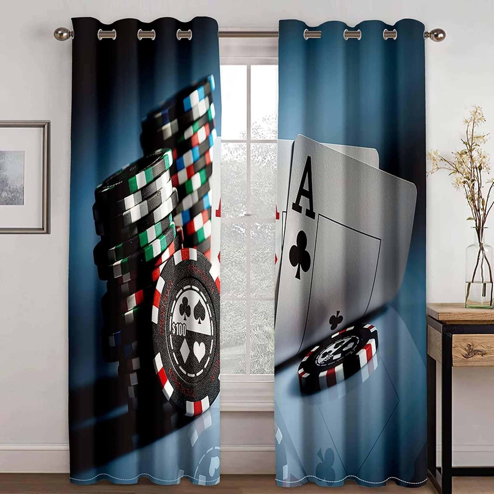 Rideau occultant poker et jetons KnSam 137x160cm x2 bleu foncé pour salon