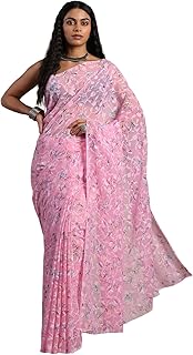 Garden Vareli Women's Brasso Floral Print Saree 088373 - Pink Price In India
