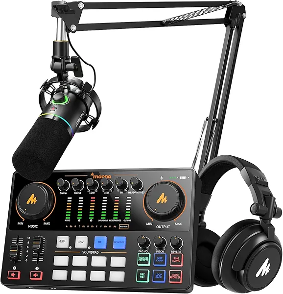MAONO Podcast Equipment: Audio Interface, USB/XLR Dynamic Mic and Headphones with Dual XLR Input, Quick to Mute, Noise Reduction, 8 Customize soundpads for Podcast Recording, Streaming, YouT