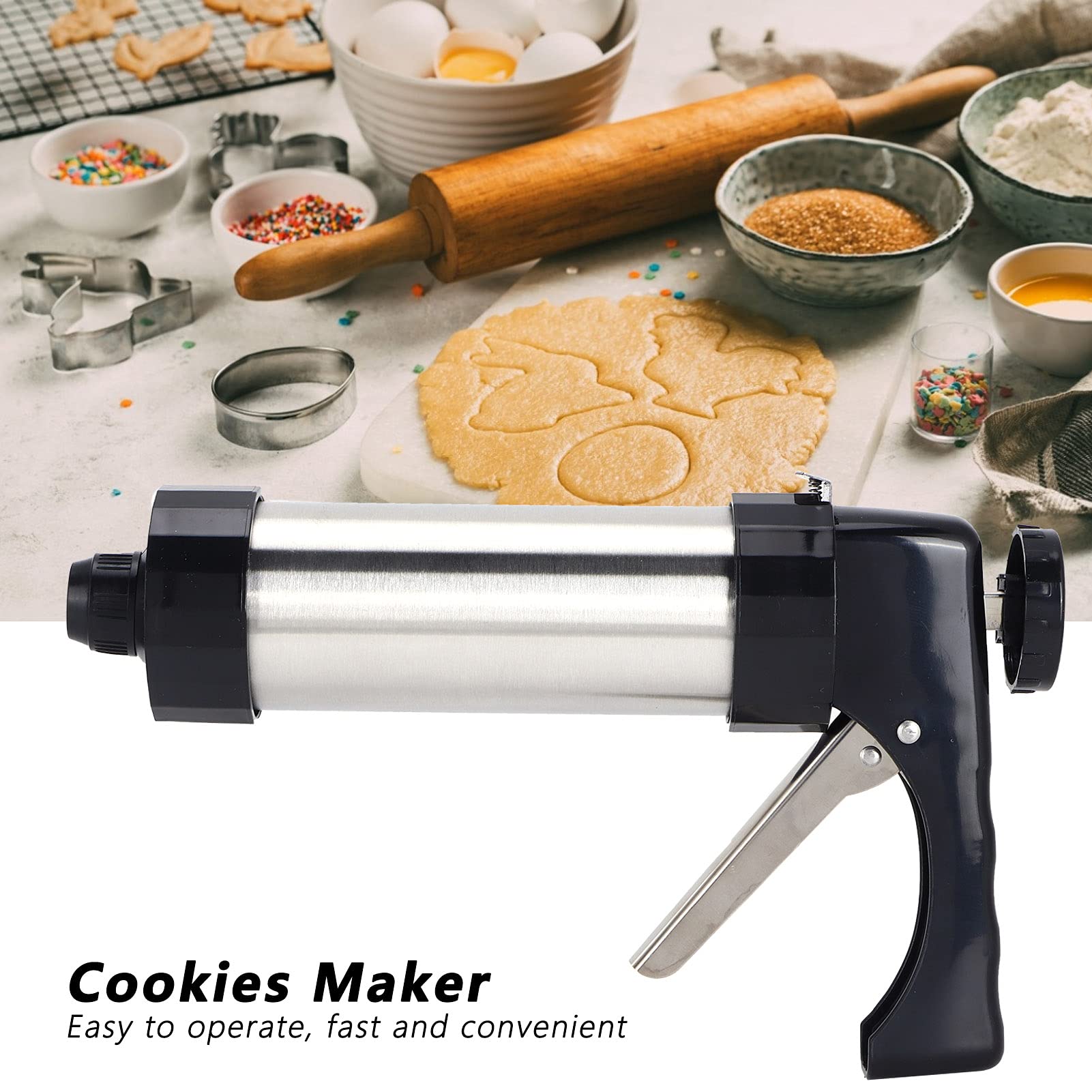 Fdit Stainless Steel Biscuits Maker, Biscuits Maker Press Kit Includes 1 Cookies Maker, 8 Biscuits and 8 Nozzles for DIY Cookies Making and Cake Decoration