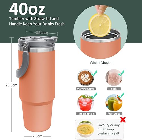 Miniatura 2 de INDARUN Vaso con asa y pajita, vaso de café de acero inoxidable de doble pared aislado al vacío, a prueba de fugas, para café, hielo durante 24