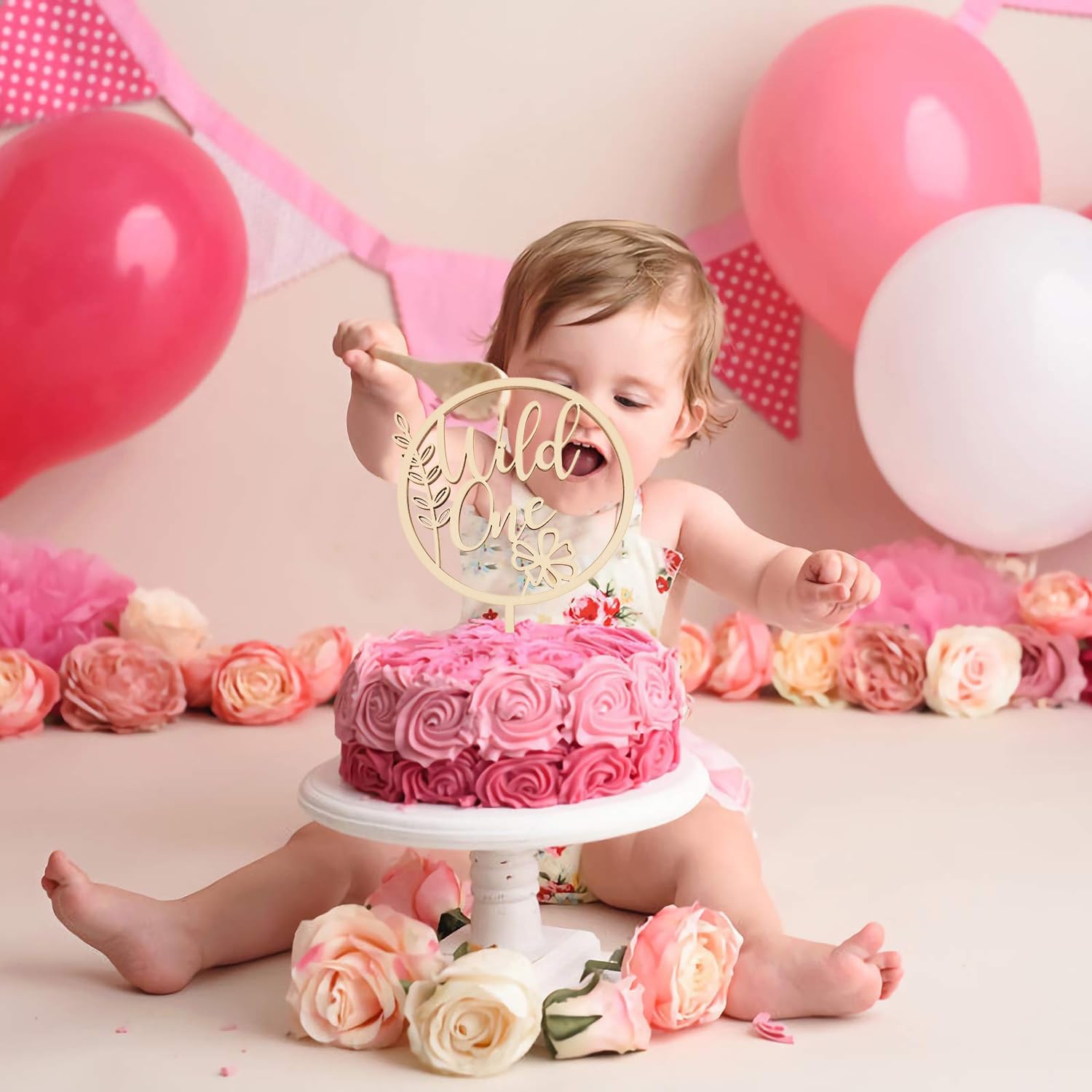 Wood & Acrylic Wildflower '1st' Banner Cake Topper - First Birthday Decor, Smash Cake Photo Prop