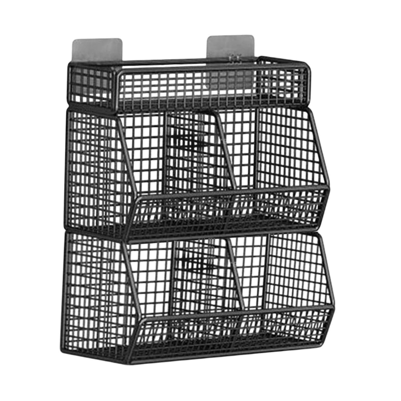 Cesta de pared – Almacenamiento de alambre de metal negro con 4 rejillas para cocina, armario, sala de estar, elegante solución de almacenamiento de pared para colgar