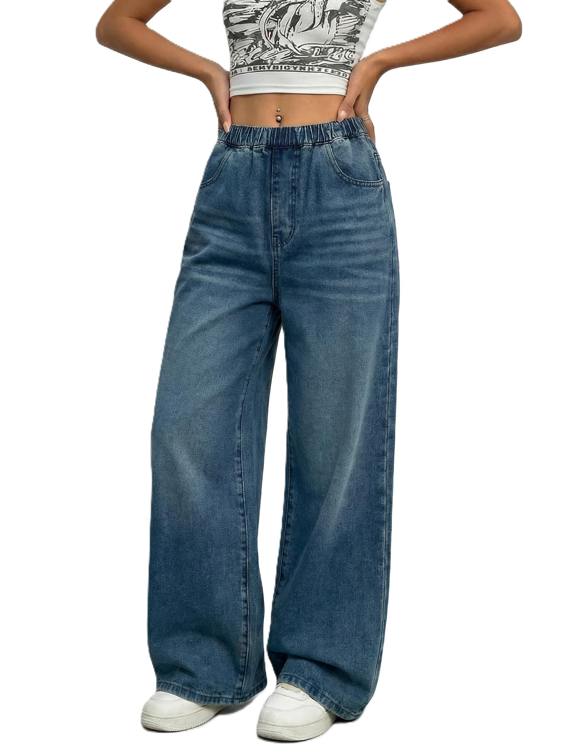 EMMIOL Baggy Jeans Women Wide Leg Y2K Vintage Denim Pants High Rise Boyfriend Dark Wash Pants